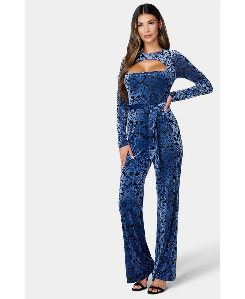 Bebe Women's Velvet Burnout Jumpsuit-Medium-Blue/Black