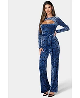 Bebe Women's Velvet Burnout Jumpsuit-Medium-Blue/Black