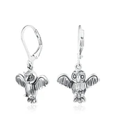 Bling Jewelry Flying Bird Animal Wise Graduate Dangling Owl Earrings For Women Oxidized .925 Sterling Silver Lever back