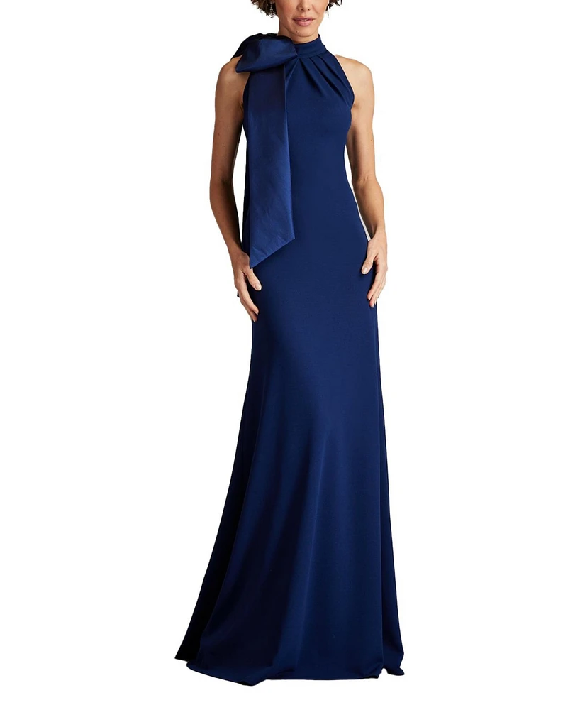 Tadashi Shoji Women's Sims Taffeta Shoulder Bow Halter Gown Navy