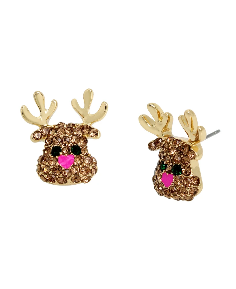 Betsey Johnson Faux Stone Jingle Bell Bling Christmas Reindeer Stud Earrings