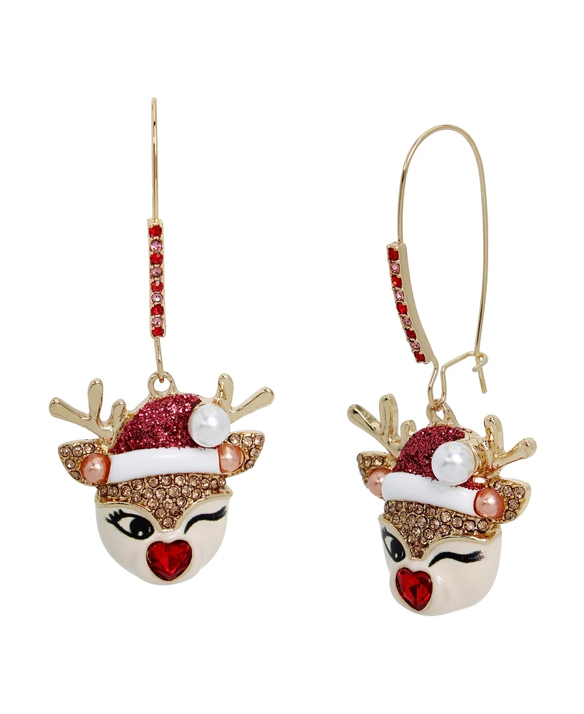 Betsey Johnson Faux Stone Jingle Bell Bling Christmas Reindeer Dangle Earrings