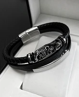 Rhona Sutton Black Skull Snake Leather Stainless Steel Bracelet