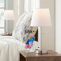 Justin 18" High Small Modern Accent Table Lamps Set of 2 Usb Port Pull Chain Silver Finish Metal White Shade Living Room Charging Bedroom Bedside Nigh