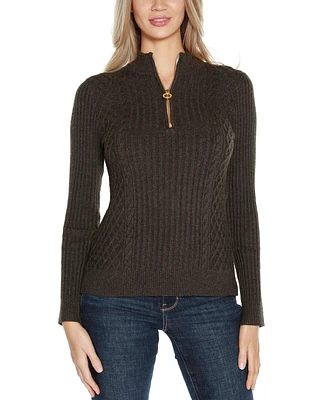 Belldini Women's Black Label Rib and Cable Quarter-Zip Sweater