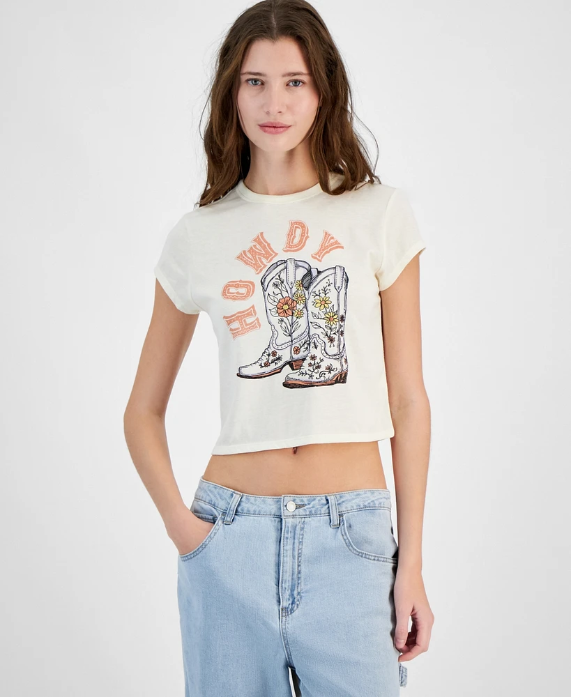 Pretty Rebellious Juniors' Howdy Cowboy Boots Graphic T-Shirt