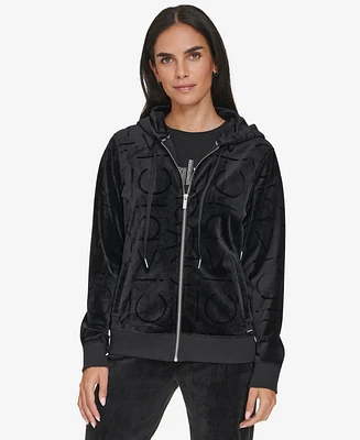 Calvin Klein Women's Tonal Logo Velour Zip-Front Hoodie