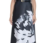 Halston Women's Floral-Graphic Belted Fit & Flare Dress