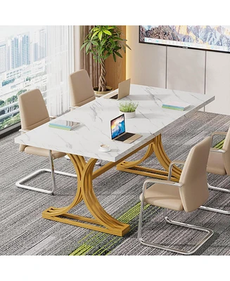 Tribesigns 2 Pcs Faux Marble Conference Table, 10.5FT Modern Meeting Table with Gold Legs for 8-10 People, Rectangle Seminar Boardroom Table for Offic