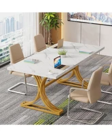 Tribesigns 2 Pcs Faux Marble Conference Table, 10.5FT Modern Meeting Table with Gold Legs for 8