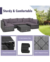 Gymax 7PCS Patio Rattan Sectional Sofa Set Outdoor Furniture w/ Grey Cushions