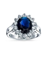Bling Jewelry Classic Traditional 5CTW Royal Blue Cz Crown Halo Oval Cubic Zirconia Engagement For Women Promise Ring .925 Sterling Silver