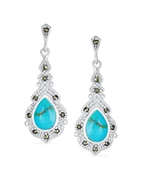 Bling Jewelry Western Style Marcasite Accent Teardrop Stabilized Blue Turquoise Dangle Chandelier Earrings For Women .925 Sterling Silver