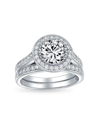Bling Jewelry Circlet Art Dec Style 3CT Round Solitaire Aaa Cz Halo Pave Band Inset Guard Enhancers Anniversary Engagement Wedding Ring Set For Women