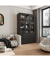 Famapy Grey Wood Bookcase With Tempered Glass Doors and 6-Drawers