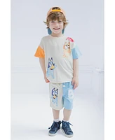 Bluey Boys Drop Shoulder T-Shirt French Terry Shorts and Adjustable Snapback Baseball Cap 3 Piece Outfit Set to