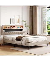 Slickblue Queen Size Upholstered Platform Bed with Storage Headboard and Usb Charging Port