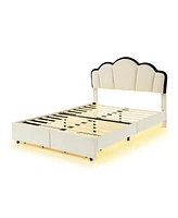 Slickblue Full Upholstered Princess Platform Bed with Led and 2 Storage Drawers