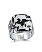 Bling Jewelry Large 2 Tone Ancient Greek Mythical Flying Horse Creature Pegasus Signet Ring For Men Oxidized .925 Sterling Silver