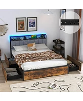 Gymax Led Bed Frame Queen Size w/ Charging Station Upholstered Headboard 4 Drawers