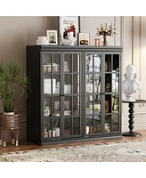 Famapy Black Wood Bookcase Storage Cabinet With Tempered Glass Doors