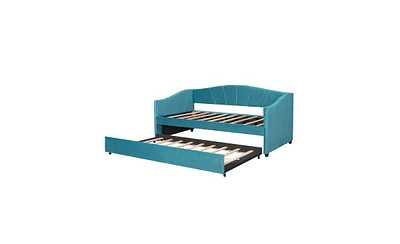 Slickblue Twin Size Upholstered Daybed Sofa Bed with Trundle and Wood Slat Support