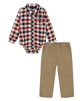 Tommy Hilfiger Baby Boy Oxford Plaid Long Sleeve Shirt Bodysuit Prewashed Twill Pants, 2-Piece Set