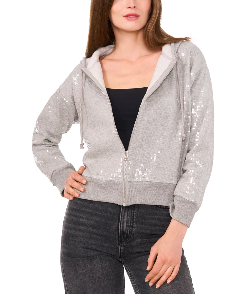 1.state Women's Full-Zip Hooded Long-Sleeve Sequin Hoodie