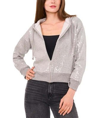 1.state Women's Full-Zip Hooded Long-Sleeve Sequin Hoodie