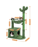 Slickblue Cactus Cat Tree – 40'' Cat Tower with Large Metal Carpet Hammock, Scratching Post, Condo, and Dangling Ball for Indoor Cats, Green