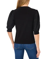 CeCe Women's V-Neck Puff-Sleeve Mixed-Media Top