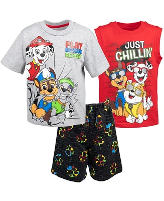 Paw Patrol Boys Rocky Rubble Marshall T-Shirt Tank Top and French Terry Shorts 3 Piece Outfit Set to