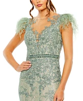 Mac Duggal Women's Embellished Feather Cap Sleeve Illusion Neck Trump