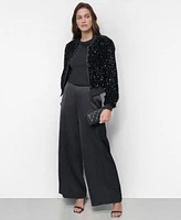 Dkny Womens Cropped Sequin Bomber Jacket Embellished Neck Sleeveless Sweater High Rise Wide Leg Pintuck Pants