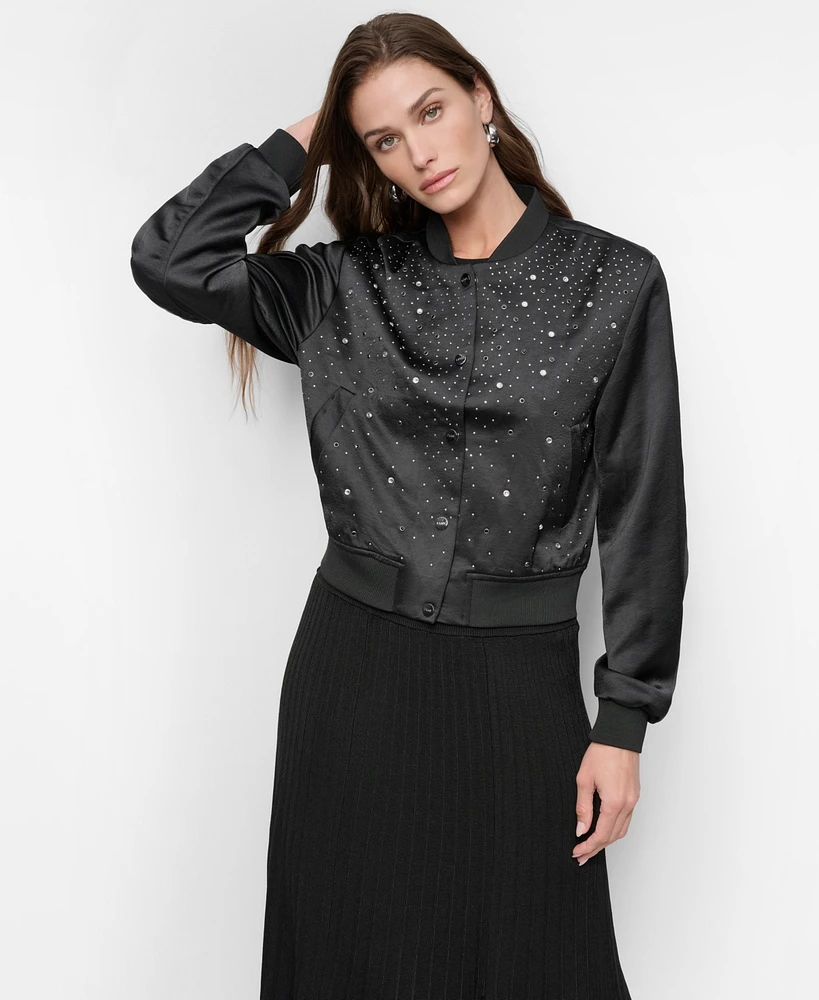 Dkny Women's Studded Snap-Front Long-Sleeve Bomber Jacket