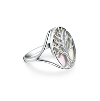 Bling Jewelry Large Statement Iridescent Oval Abalone Rainbow White Mother of Pearl Family Wishing Tree Of Life Ring For Women Wife .925 Sterling Silv