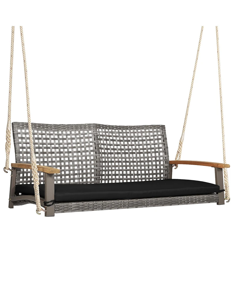 Costway 2-Person Patio Wicker Hanging Swing Chair Loveseat Cushion Porch Black