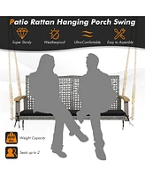 Costway 2-Person Patio Wicker Hanging Swing Chair Loveseat Cushion Porch Black