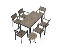 Pamapic 8-Piece Aluminum Teak Outdoor Patio Dining Set with Rectangle Table, Small Side Table and 6-Stackable Chairs