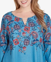 Ruby Rd. Plus Split Neck Floral Vine Placement Hatchi Knit Sharkbite Top