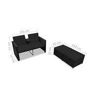 vidaXL 3 Piece Patio Lounge Set with Cushions Poly Rattan Black