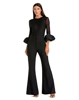 Mac Duggal Women's Mesh Long Sleeve Bodysuit With Satin Puff Sleeves