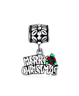 Bling Jewelry Holly Leaf Dangling Word "Merry Christmas" Charm Bead .925 Sterling Silver