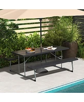 Costway Folding Picnic Table with Wood-like Tabletop, Umbrella Hole, 2 Benches for 8 Person