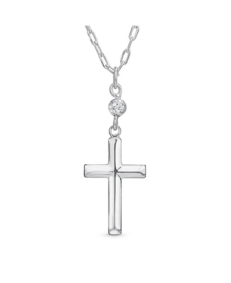 Bling Jewelry Minimalist Simple Petite Religious Pendant Cross Station Chain Necklace For Women Cz Accent .925 Sterling Silver 1 Inch