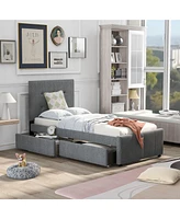 Slickblue Linen Upholstered Platform Bed with Headboard and Two Storage Drawers