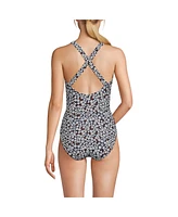 Lands' End Women's Long Torso Scoop Neck X-Back High Leg Tugless Sporty One Piece Swimsuit