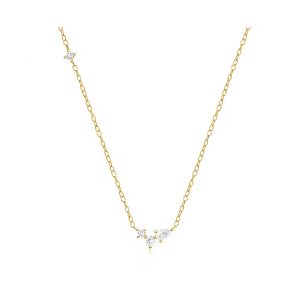 Hollywood Sensation 18K Gold Plated Sterling Silver Necklace with Three Round and One Pear Cut Cubic Zirconia Stones