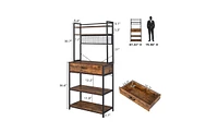 Slickblue 5-Tier Kitchen Bakers Rack – Rustic Brown, with 10 S-Shaped Hooks, 1 Drawer, and Industrial Microwave Oven Stand