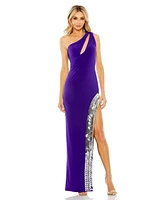 Mac Duggal Women's One Shoulder Cut Out Mirror Sequin High Slit Gown